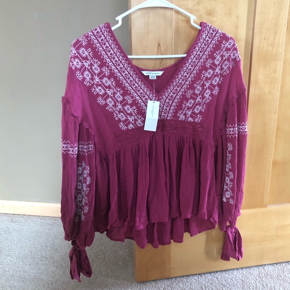NWT American eagle embroidered boho v neck blouse - Picture 1 of 4